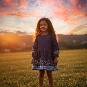 Stella Mcartny Toddler Girls Denim Embroidered Floral Long Sleeve Dress With Bac